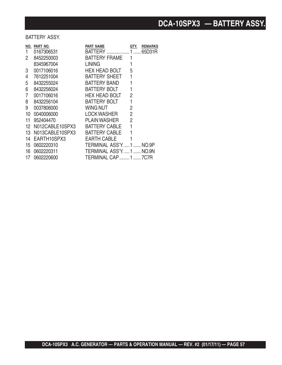 Dca-10spx3 — battery assy | Multiquip MQ Multiquip MQPower 60Hz Generator DCA10SPX3 User Manual | Page 57 / 126