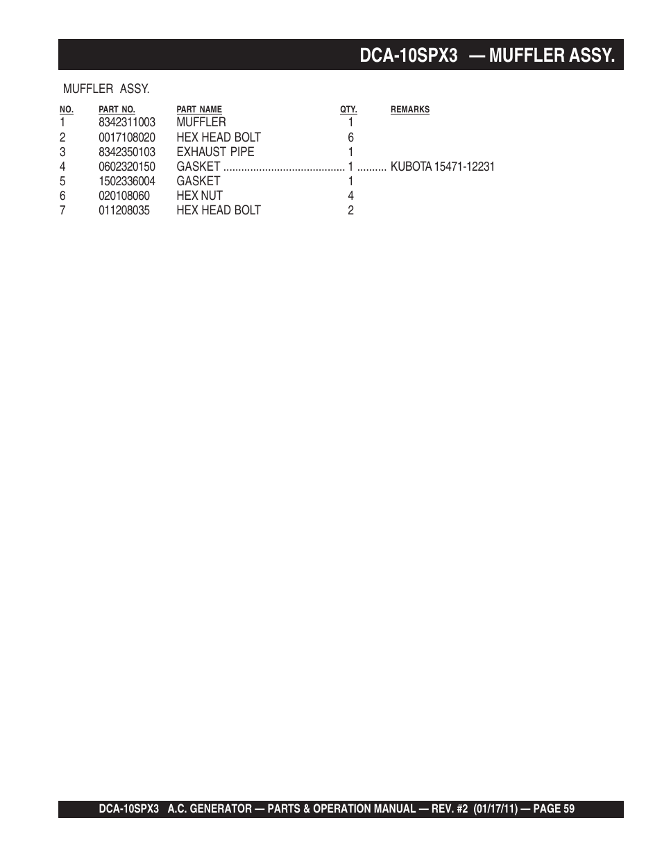 Dca-10spx3 — muffler assy | Multiquip MQ Multiquip MQPower 60Hz Generator DCA10SPX3 User Manual | Page 59 / 126