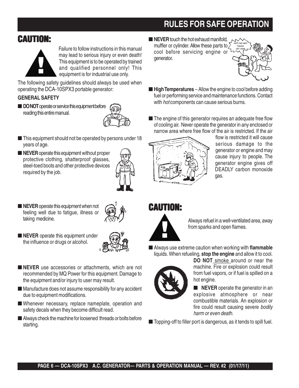 Rules for safe operation, Caution | Multiquip MQ Multiquip MQPower 60Hz Generator DCA10SPX3 User Manual | Page 6 / 126