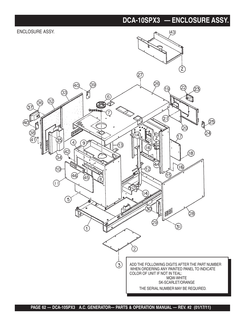 Dca-10spx3 — enclosure assy | Multiquip MQ Multiquip MQPower 60Hz Generator DCA10SPX3 User Manual | Page 62 / 126
