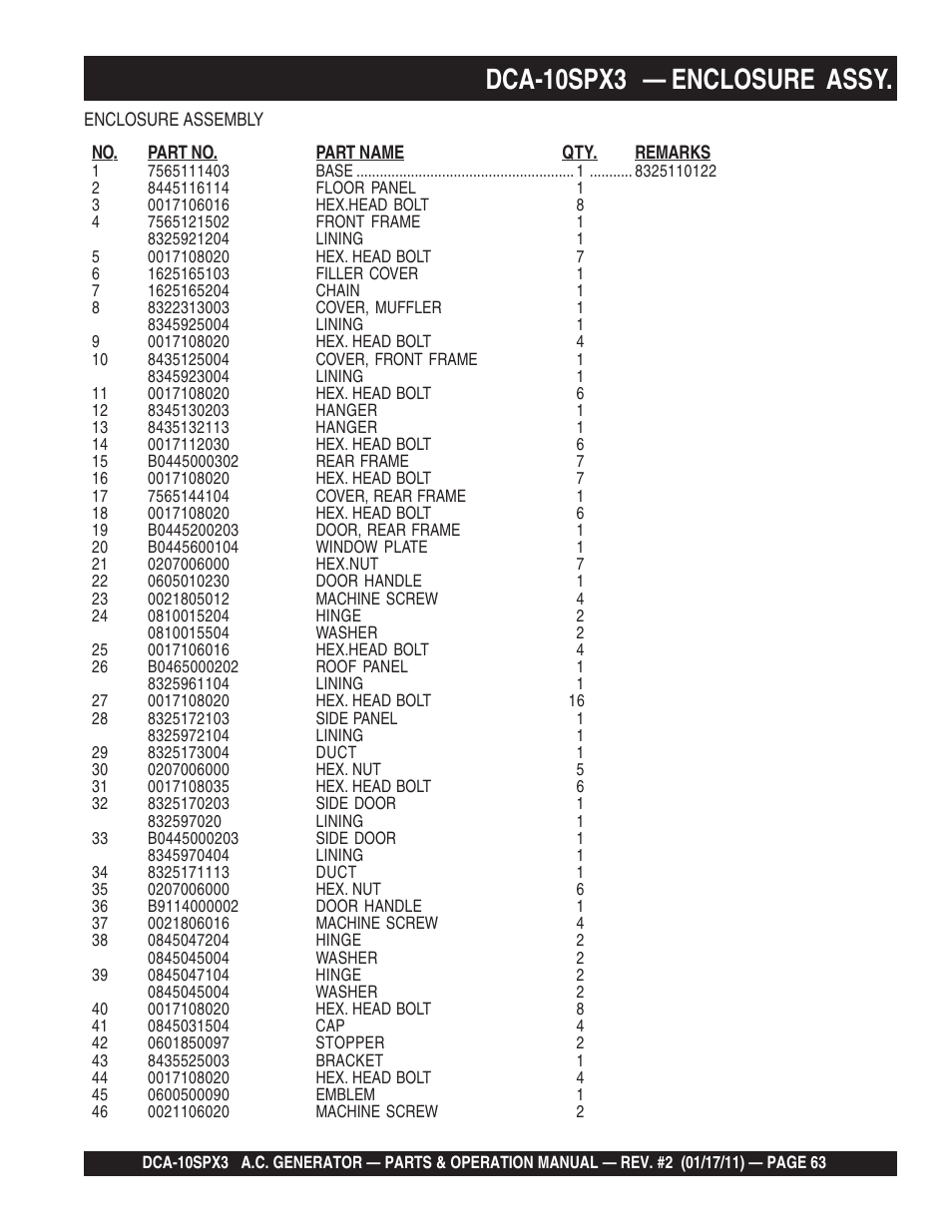 Dca-10spx3 — enclosure assy | Multiquip MQ Multiquip MQPower 60Hz Generator DCA10SPX3 User Manual | Page 63 / 126