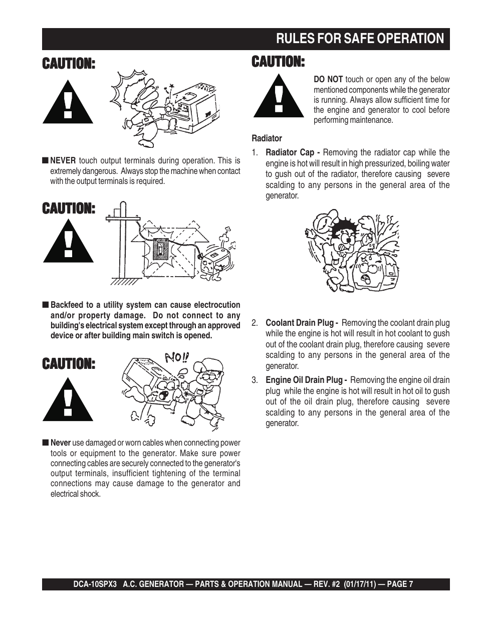 Rules for safe operation, Caution | Multiquip MQ Multiquip MQPower 60Hz Generator DCA10SPX3 User Manual | Page 7 / 126