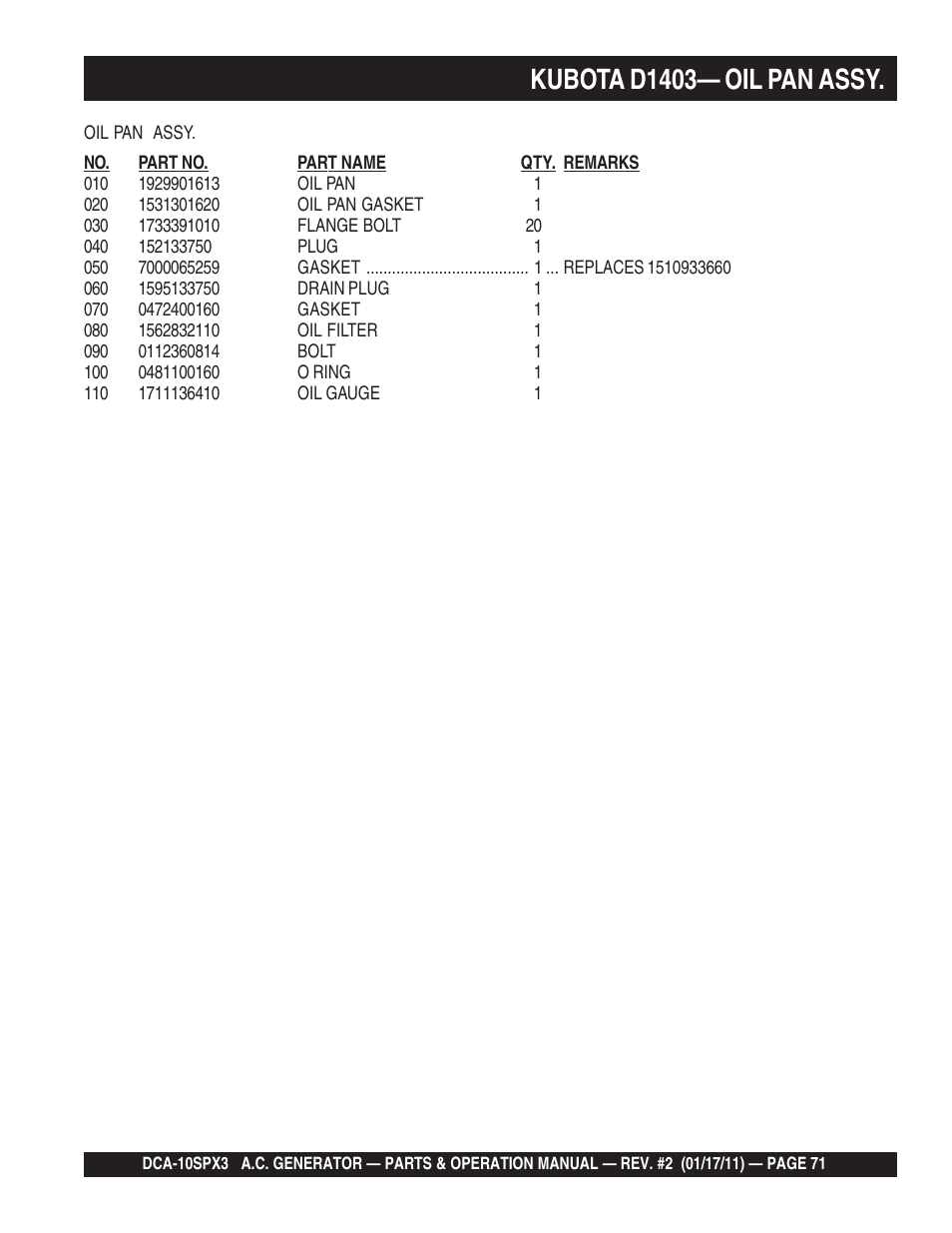 Kubota d1403— oil pan assy | Multiquip MQ Multiquip MQPower 60Hz Generator DCA10SPX3 User Manual | Page 71 / 126