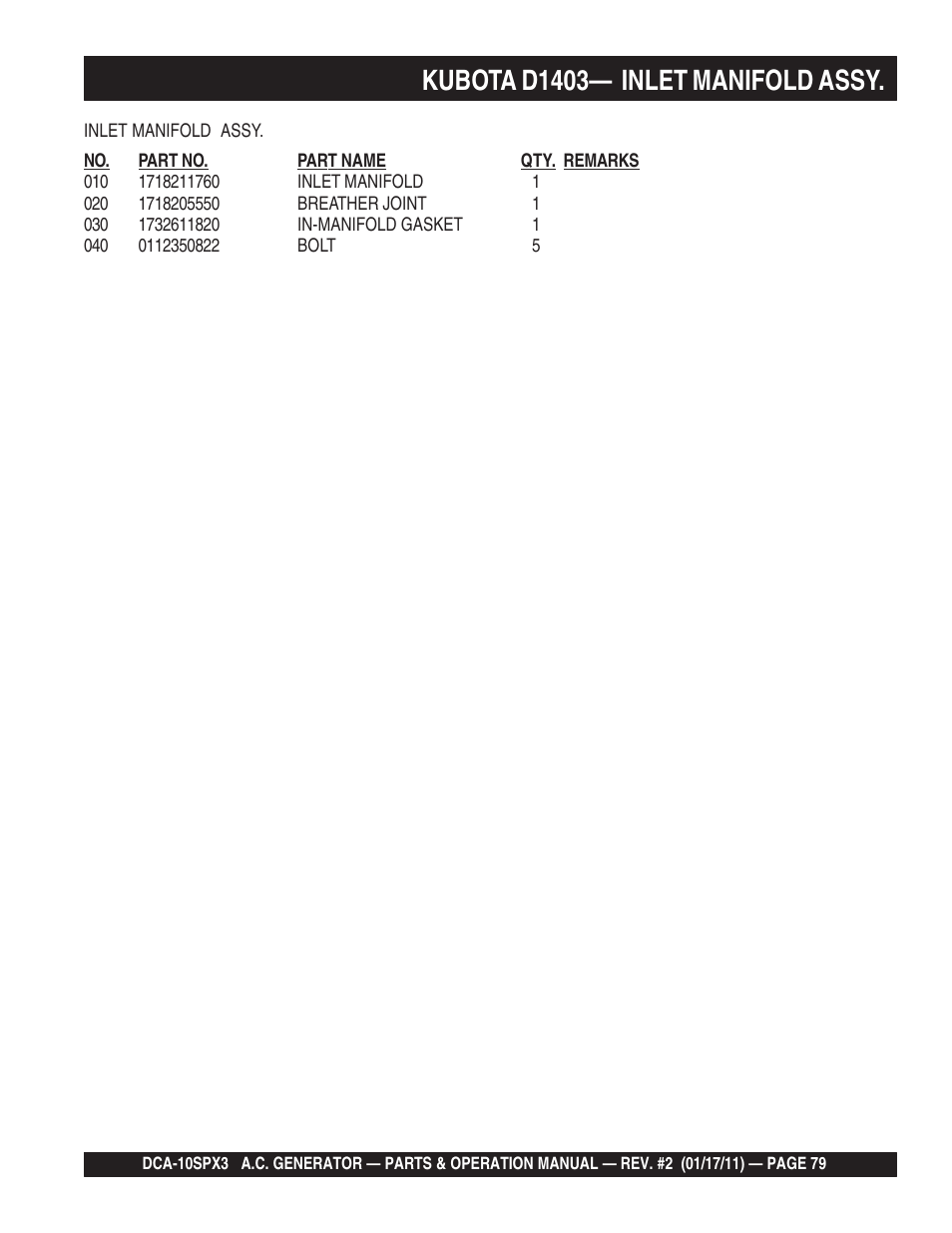 Kubota d1403— inlet manifold assy | Multiquip MQ Multiquip MQPower 60Hz Generator DCA10SPX3 User Manual | Page 79 / 126