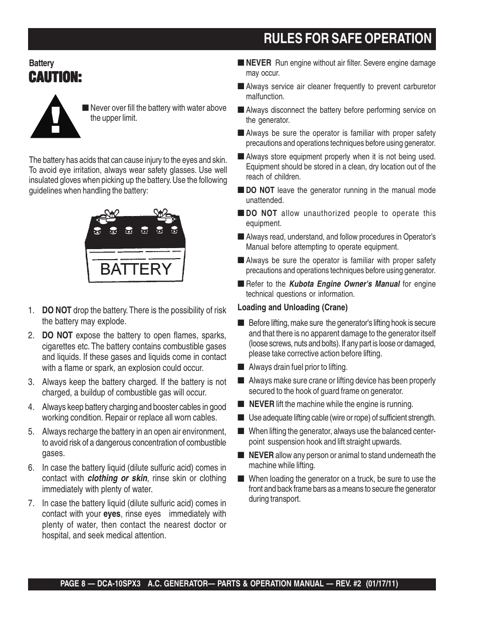Caution, Rules for safe operation | Multiquip MQ Multiquip MQPower 60Hz Generator DCA10SPX3 User Manual | Page 8 / 126