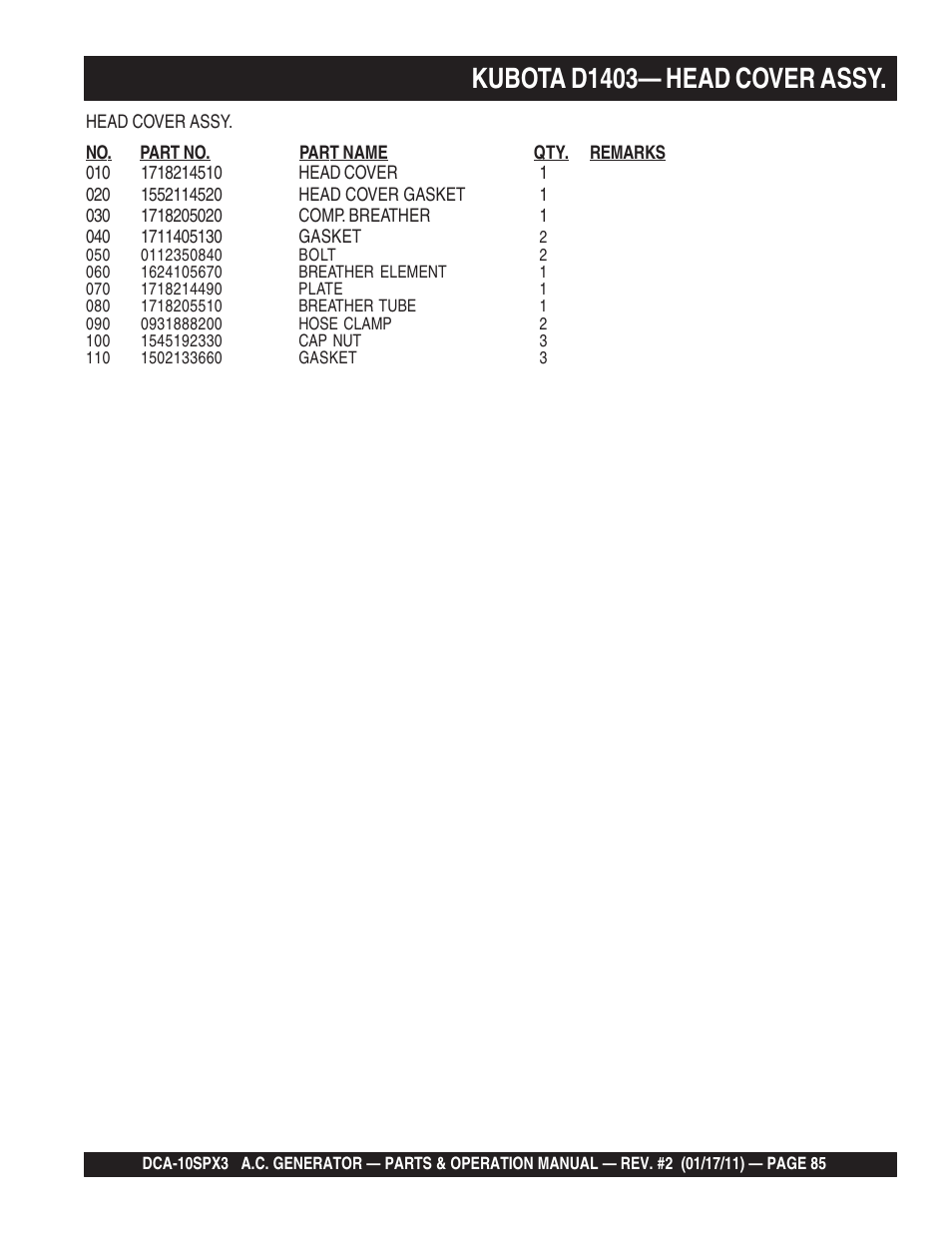 Kubota d1403— head cover assy | Multiquip MQ Multiquip MQPower 60Hz Generator DCA10SPX3 User Manual | Page 85 / 126