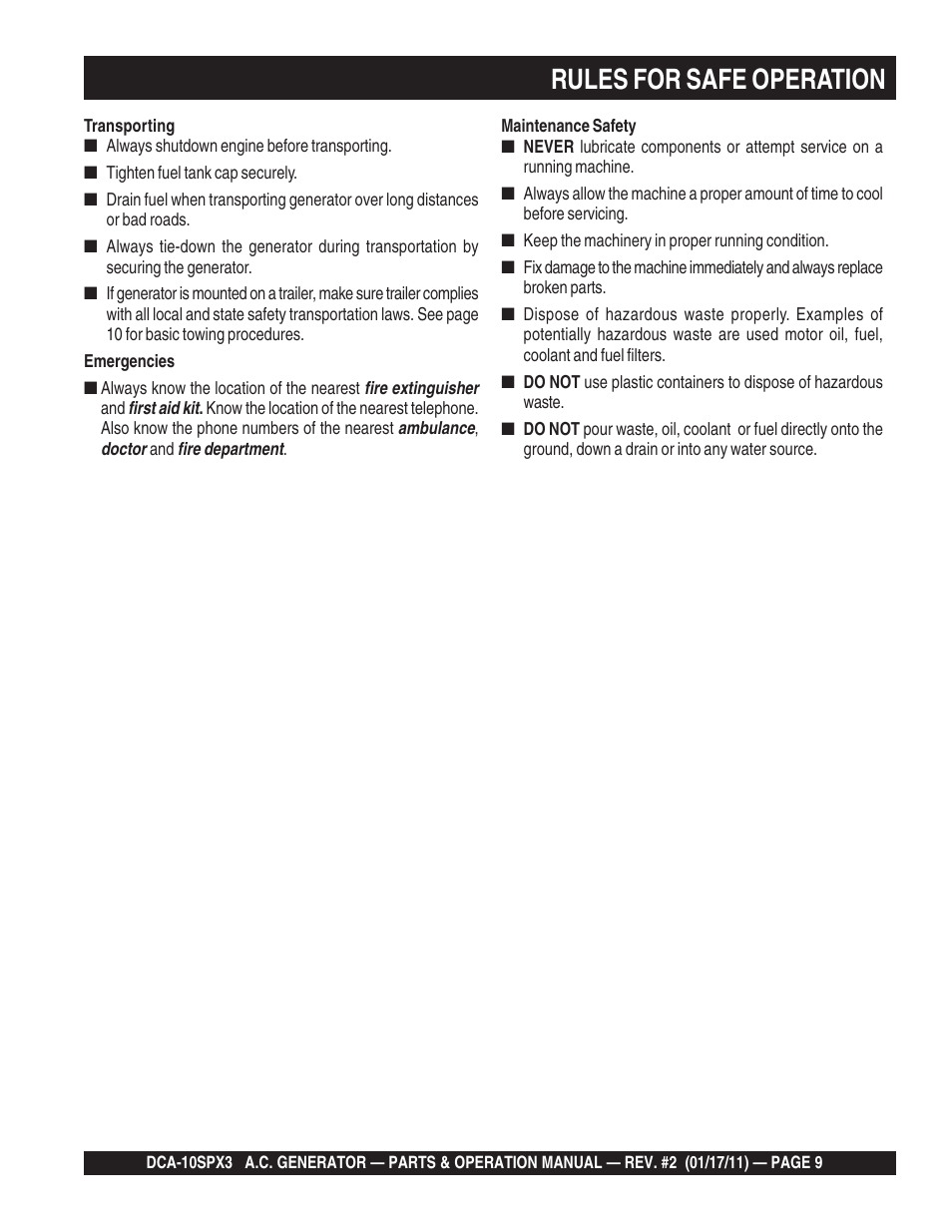 Rules for safe operation | Multiquip MQ Multiquip MQPower 60Hz Generator DCA10SPX3 User Manual | Page 9 / 126