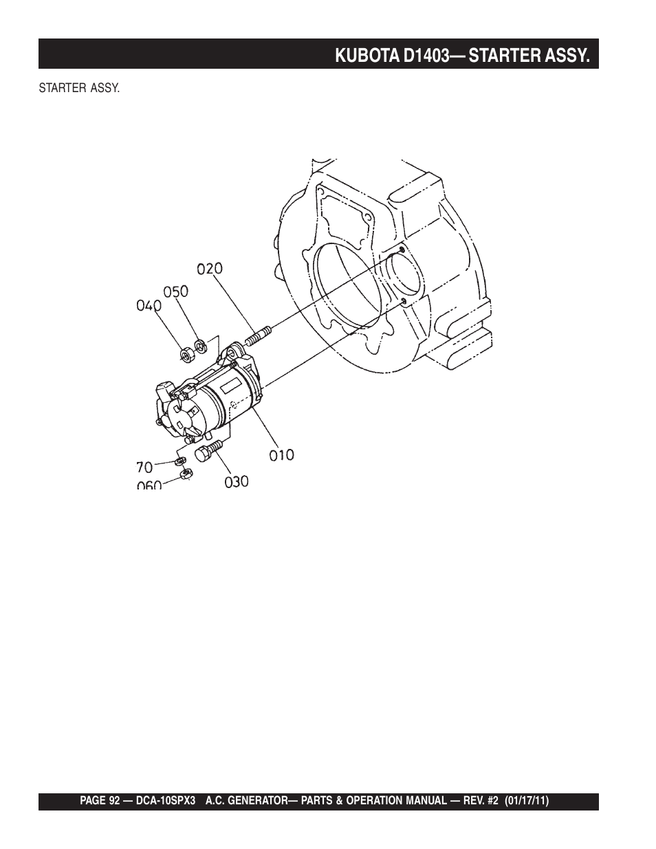 Kubota d1403— starter assy | Multiquip MQ Multiquip MQPower 60Hz Generator DCA10SPX3 User Manual | Page 92 / 126