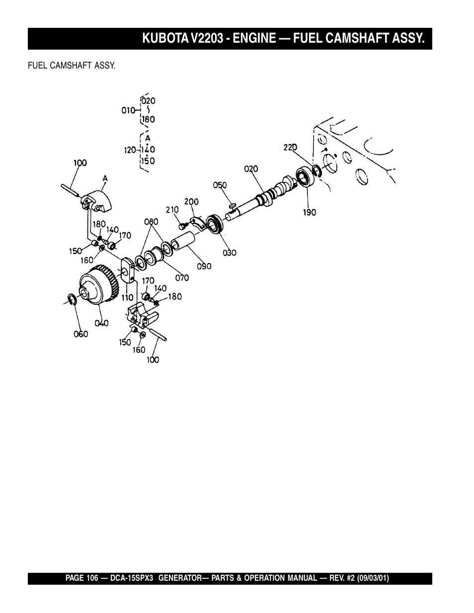 Kubota v2203 - engine — fuel camshaft assy | Multiquip WHISPERWATTTM GENERATOR DCA-15SPX3 User Manual | Page 106 / 132
