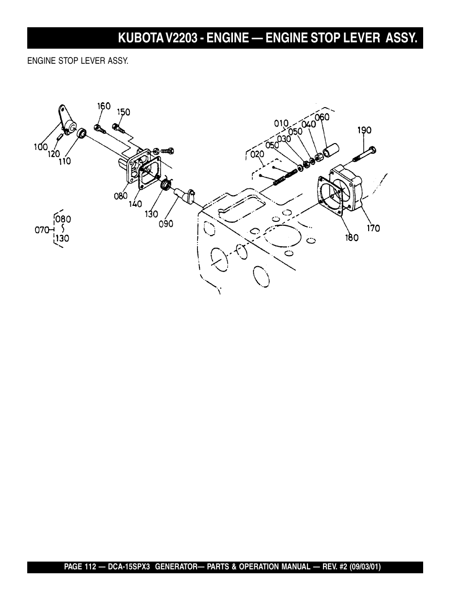 Kubota v2203 - engine — engine stop lever assy | Multiquip WHISPERWATTTM GENERATOR DCA-15SPX3 User Manual | Page 112 / 132