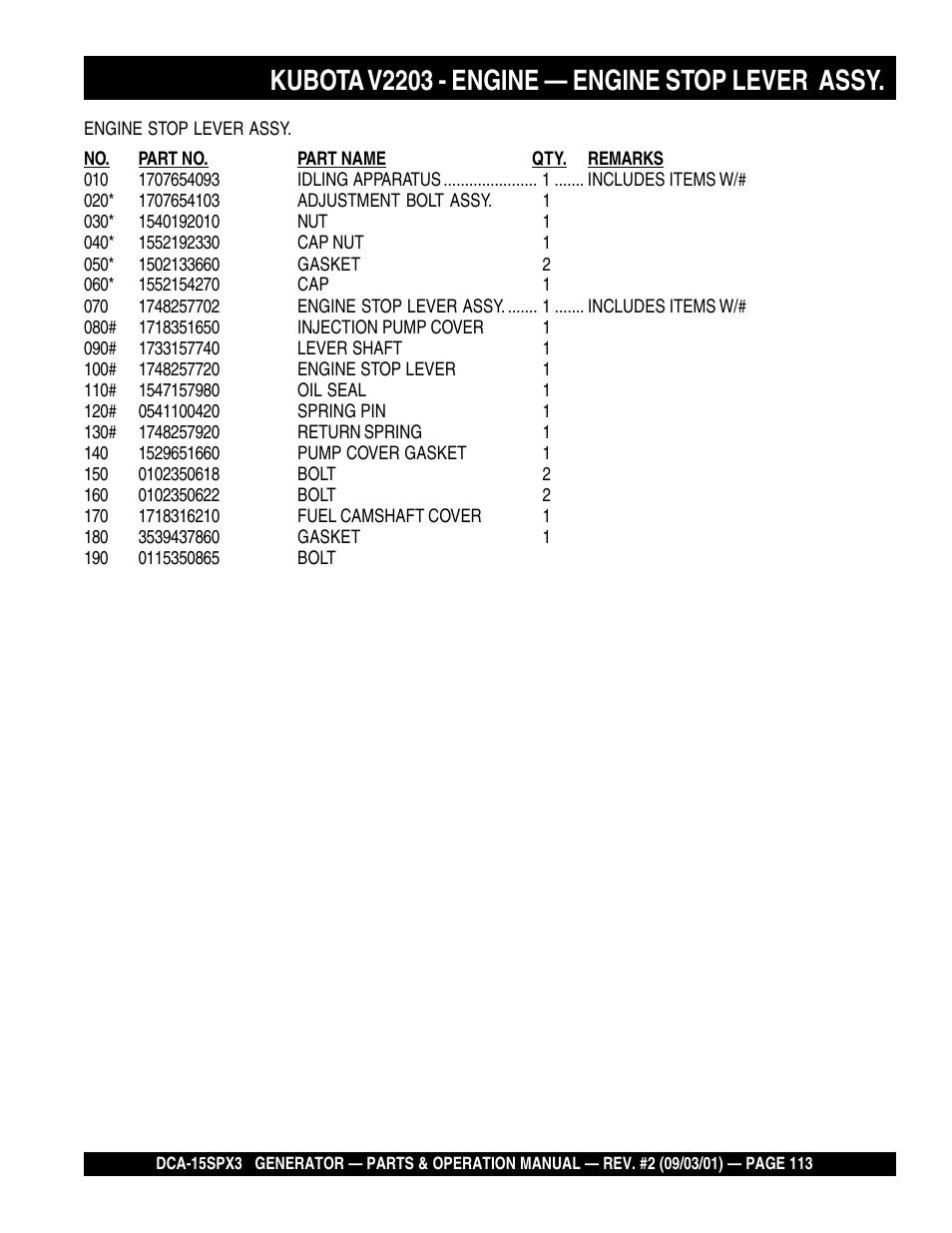 Kubota v2203 - engine — engine stop lever assy | Multiquip WHISPERWATTTM GENERATOR DCA-15SPX3 User Manual | Page 113 / 132