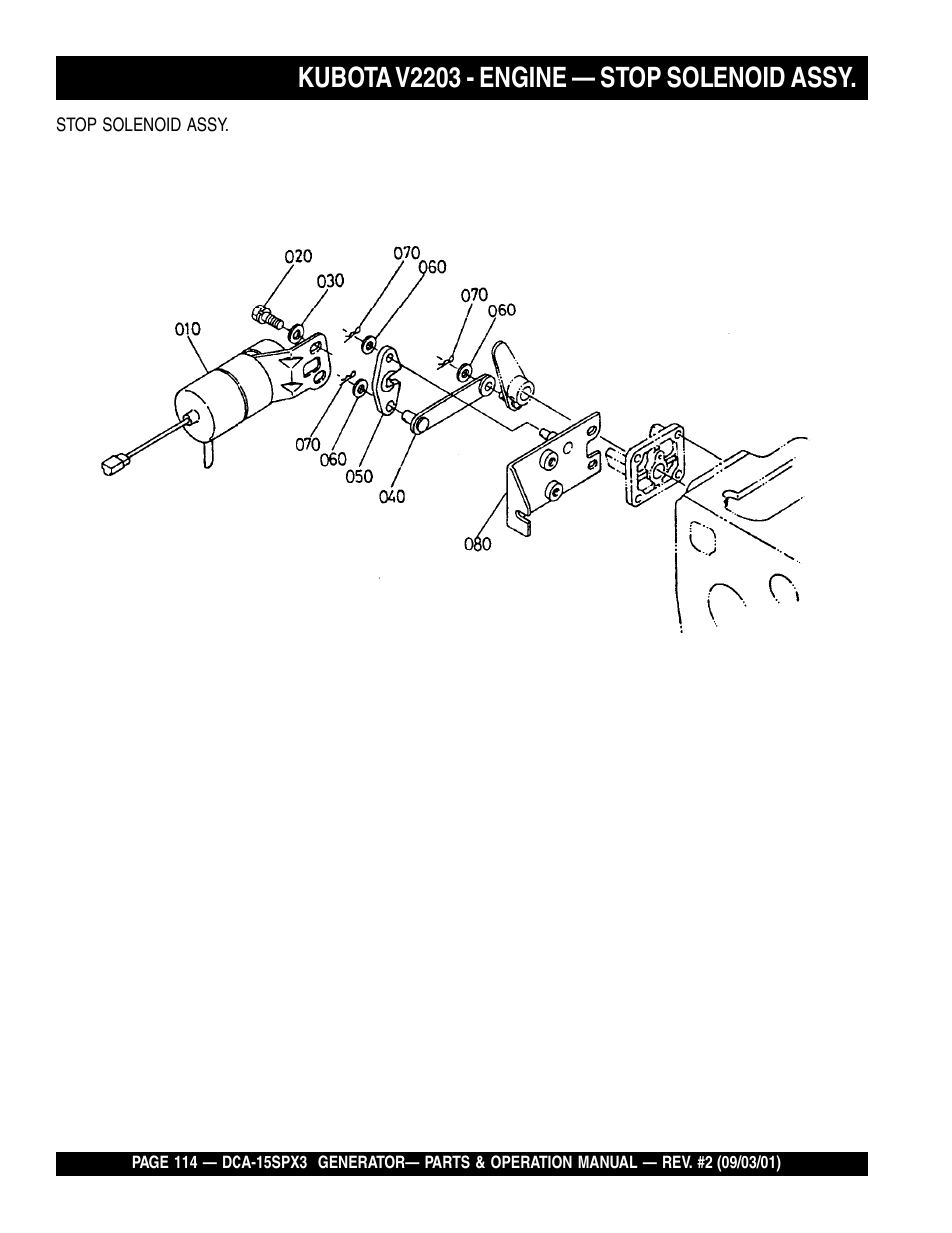 Kubota v2203 - engine — stop solenoid assy | Multiquip WHISPERWATTTM GENERATOR DCA-15SPX3 User Manual | Page 114 / 132