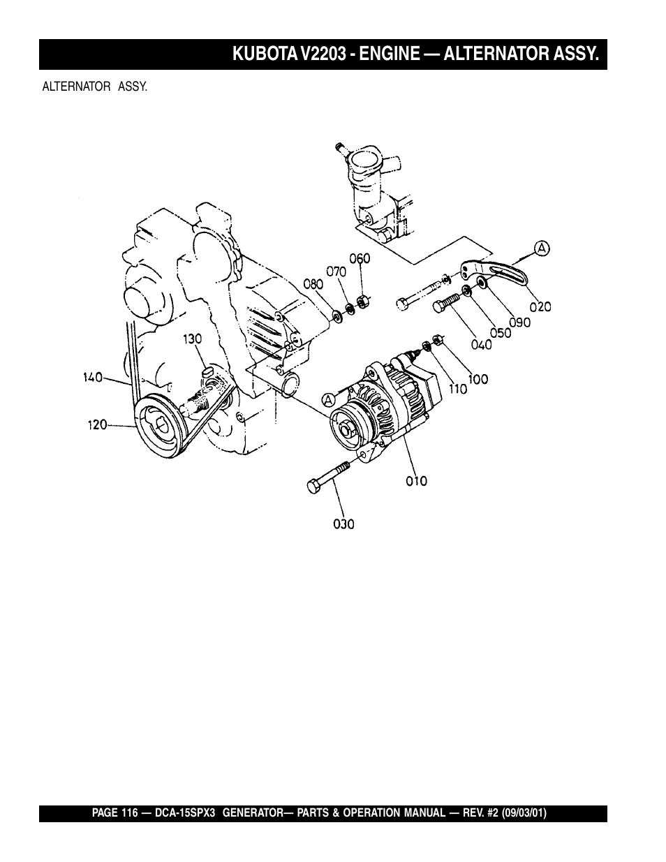 Kubota v2203 - engine — alternator assy | Multiquip WHISPERWATTTM GENERATOR DCA-15SPX3 User Manual | Page 116 / 132