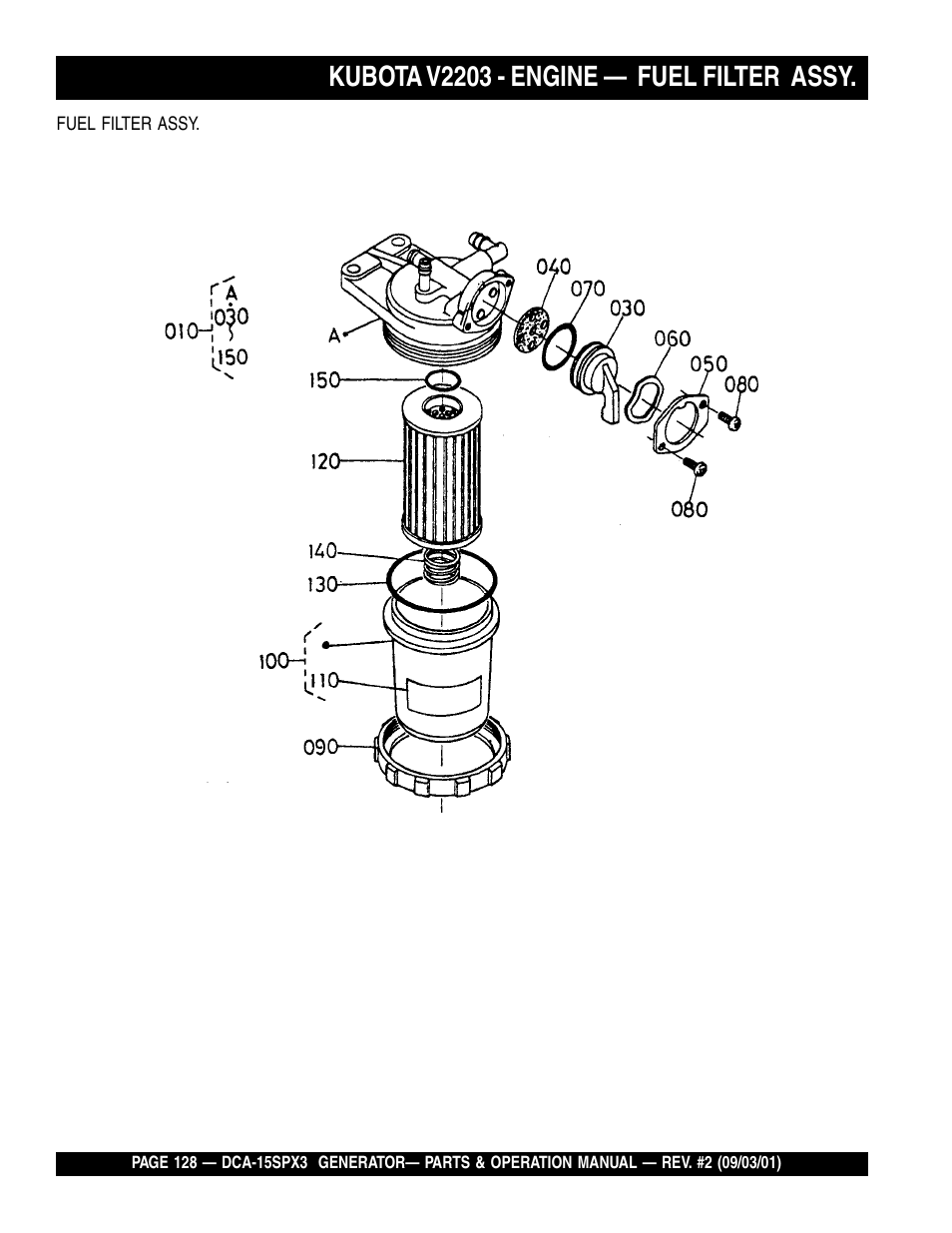 Kubota v2203 - engine — fuel filter assy | Multiquip WHISPERWATTTM GENERATOR DCA-15SPX3 User Manual | Page 128 / 132