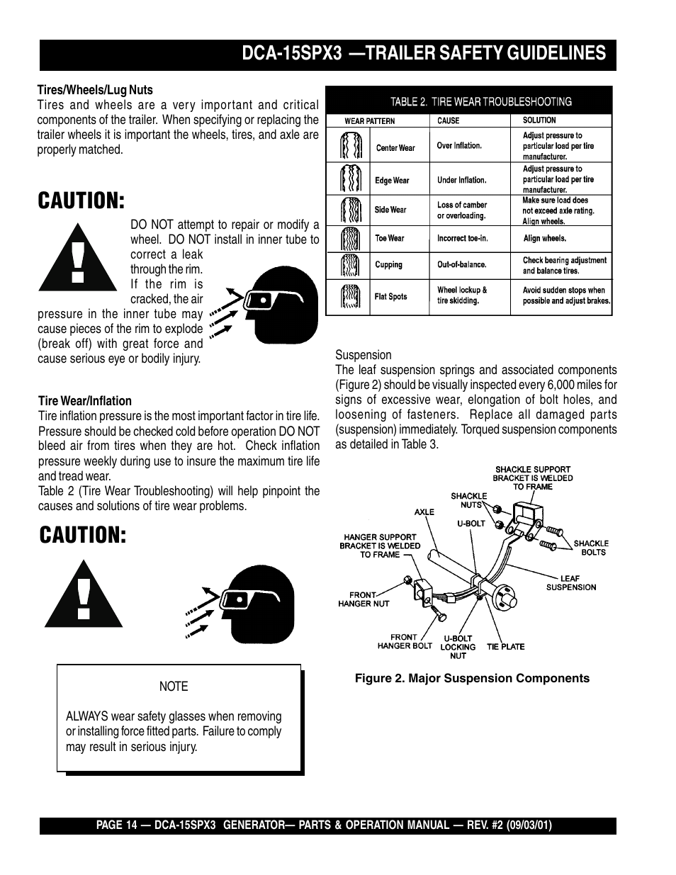 Caution, Dca-15spx3 —trailer safety guidelines | Multiquip WHISPERWATTTM GENERATOR DCA-15SPX3 User Manual | Page 14 / 132