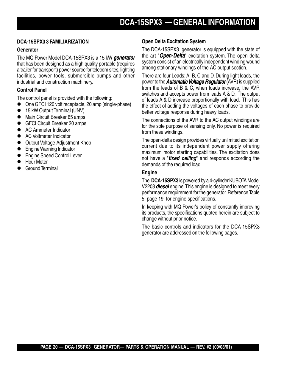 Dca-15spx3 — general information | Multiquip WHISPERWATTTM GENERATOR DCA-15SPX3 User Manual | Page 20 / 132