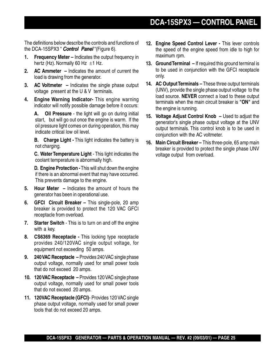 Dca-15spx3 — control panel | Multiquip WHISPERWATTTM GENERATOR DCA-15SPX3 User Manual | Page 25 / 132