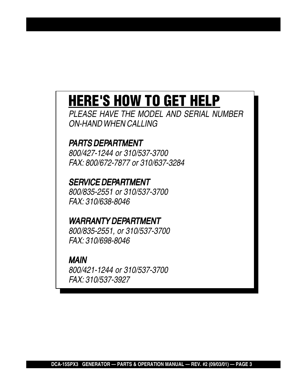 Here's how to get help | Multiquip WHISPERWATTTM GENERATOR DCA-15SPX3 User Manual | Page 3 / 132