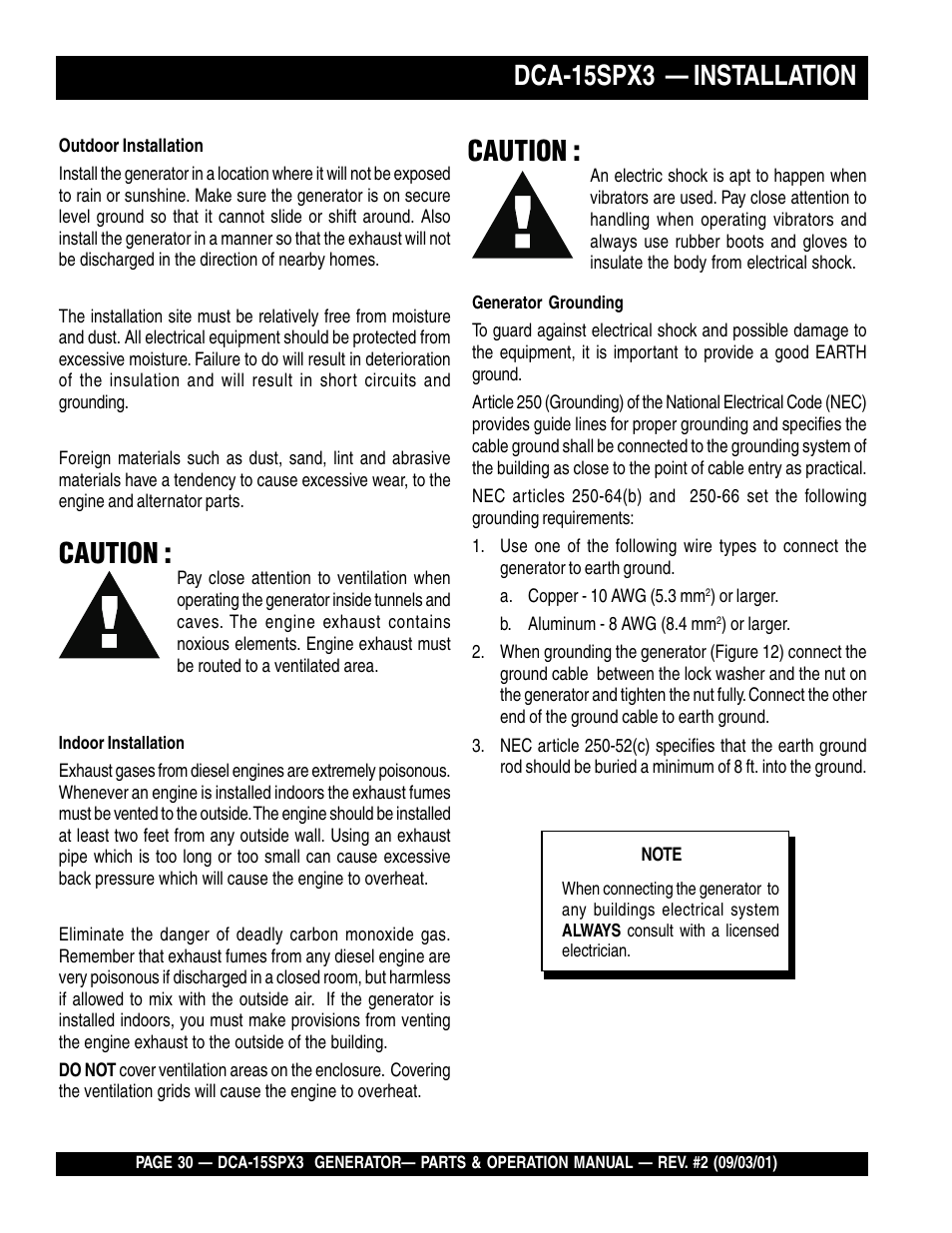 Dca-15spx3 — installation, Caution | Multiquip WHISPERWATTTM GENERATOR DCA-15SPX3 User Manual | Page 30 / 132