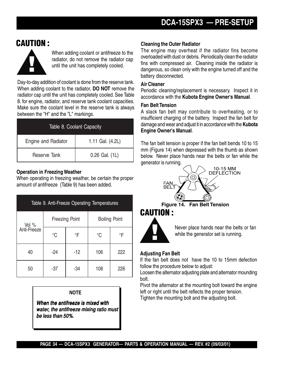 Dca-15spx3 — pre-setup, Caution | Multiquip WHISPERWATTTM GENERATOR DCA-15SPX3 User Manual | Page 34 / 132