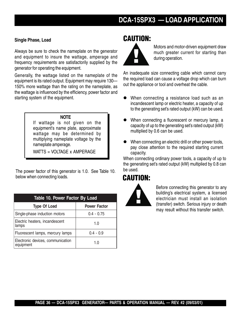 Dca-15spx3 — load application, Caution | Multiquip WHISPERWATTTM GENERATOR DCA-15SPX3 User Manual | Page 36 / 132