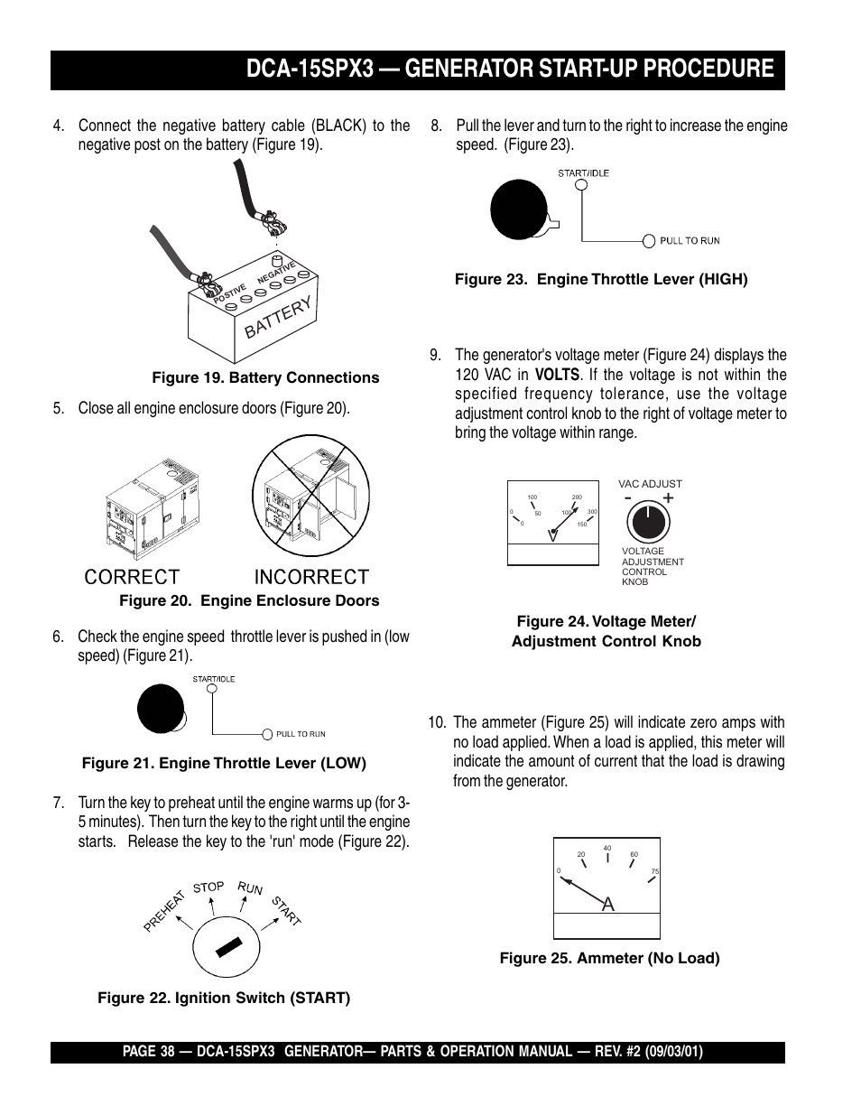 Dca-15spx3 — generator start-up procedure, Close all engine enclosure doors (figure 20) | Multiquip WHISPERWATTTM GENERATOR DCA-15SPX3 User Manual | Page 38 / 132