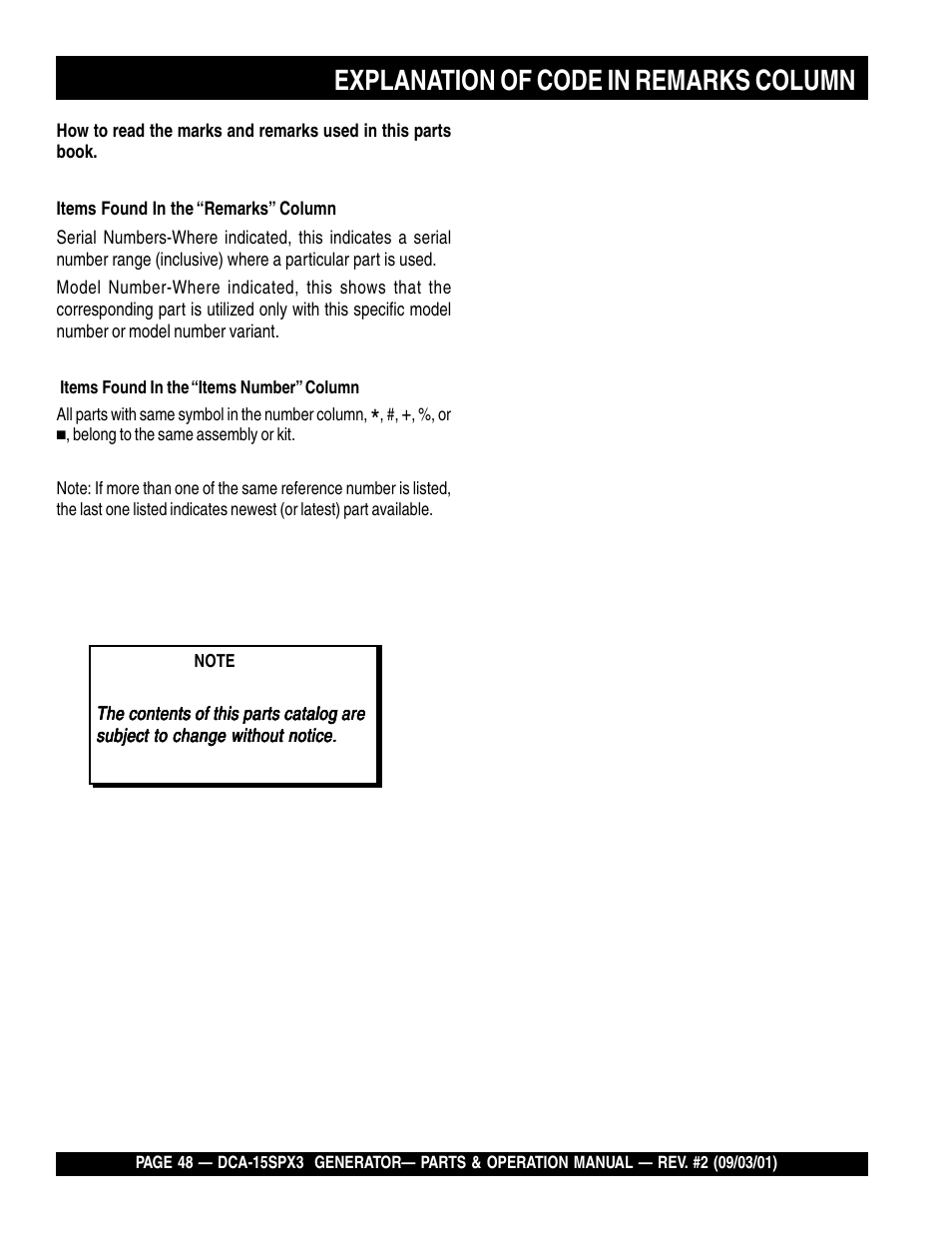 Explanation of code in remarks column | Multiquip WHISPERWATTTM GENERATOR DCA-15SPX3 User Manual | Page 48 / 132