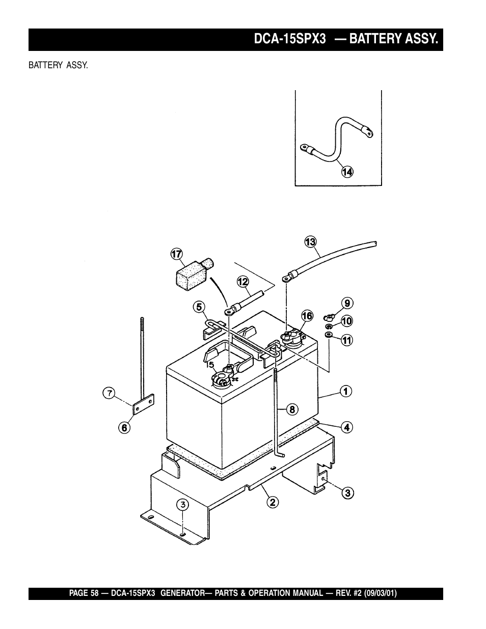 Dca-15spx3 — battery assy | Multiquip WHISPERWATTTM GENERATOR DCA-15SPX3 User Manual | Page 58 / 132