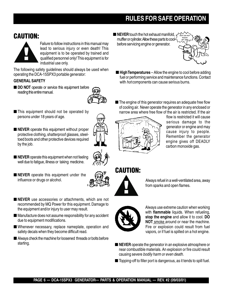 Rules for safe operation, Caution | Multiquip WHISPERWATTTM GENERATOR DCA-15SPX3 User Manual | Page 6 / 132