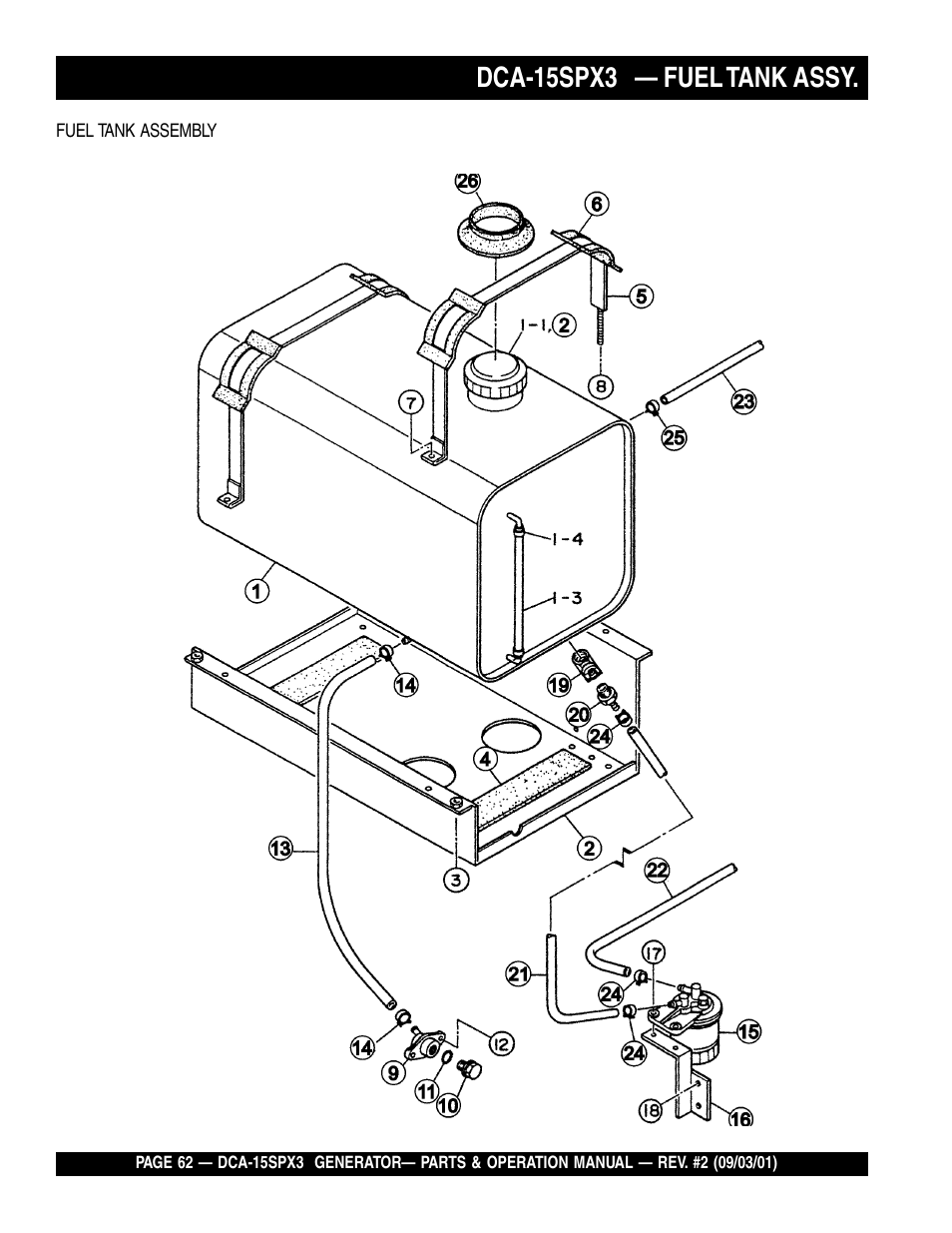 Dca-15spx3 — fuel tank assy | Multiquip WHISPERWATTTM GENERATOR DCA-15SPX3 User Manual | Page 62 / 132