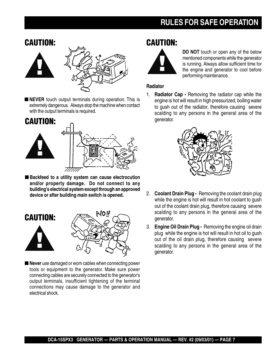 Rules for safe operation, Caution | Multiquip WHISPERWATTTM GENERATOR DCA-15SPX3 User Manual | Page 7 / 132