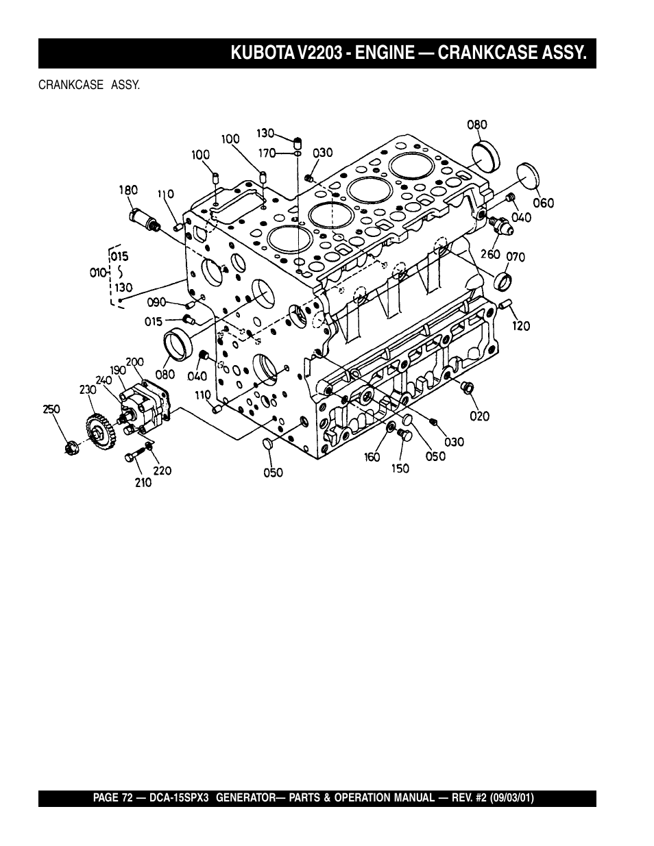 Kubota v2203 - engine — crankcase assy | Multiquip WHISPERWATTTM GENERATOR DCA-15SPX3 User Manual | Page 72 / 132