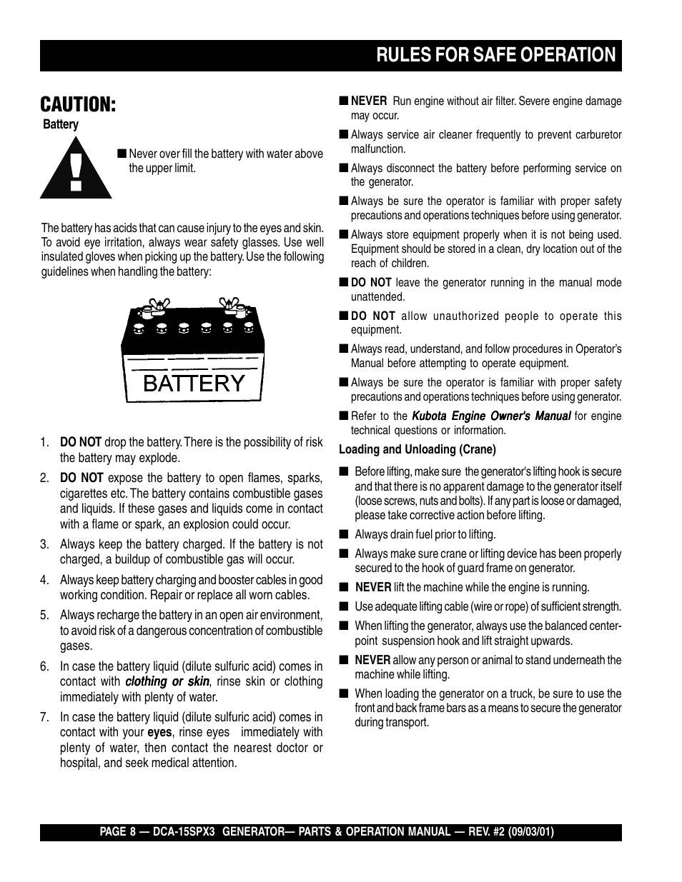 Caution, Rules for safe operation | Multiquip WHISPERWATTTM GENERATOR DCA-15SPX3 User Manual | Page 8 / 132