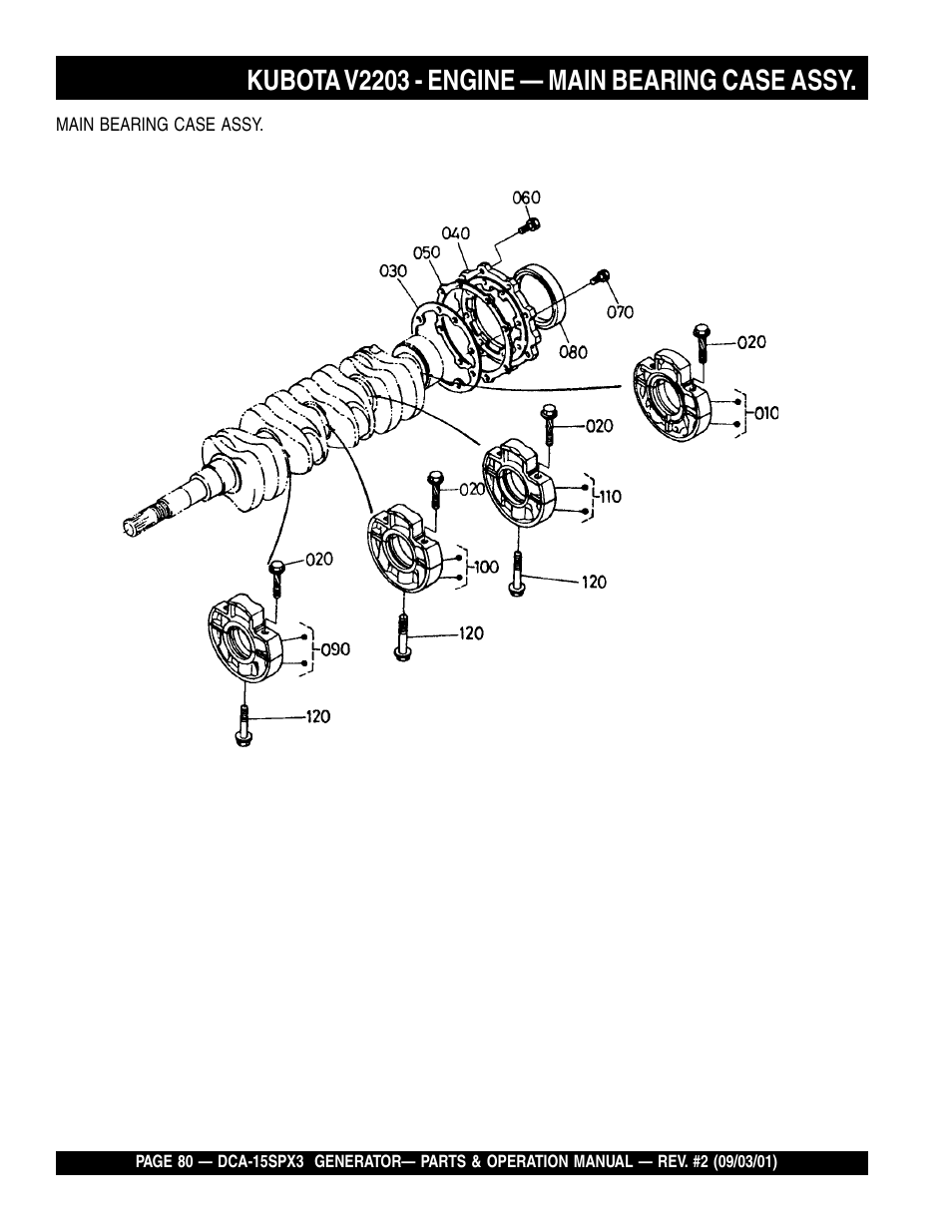 Kubota v2203 - engine — main bearing case assy | Multiquip WHISPERWATTTM GENERATOR DCA-15SPX3 User Manual | Page 80 / 132