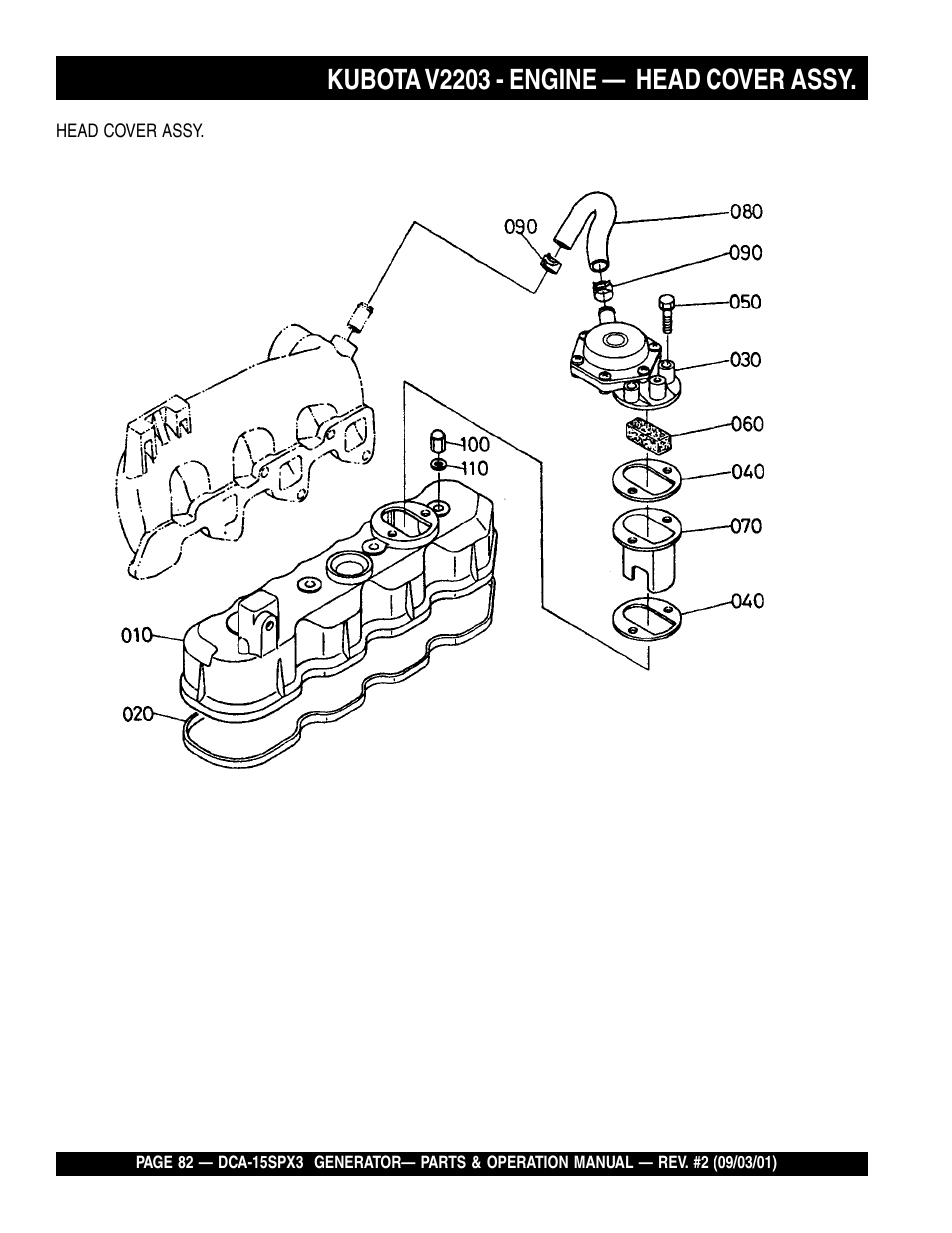Kubota v2203 - engine — head cover assy | Multiquip WHISPERWATTTM GENERATOR DCA-15SPX3 User Manual | Page 82 / 132
