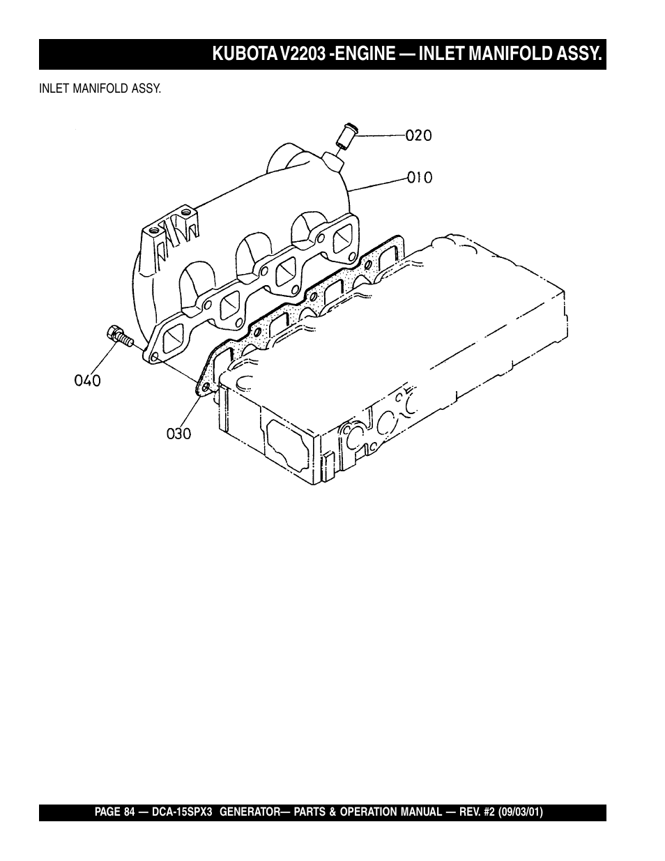 Kubota v2203 -engine — inlet manifold assy | Multiquip WHISPERWATTTM GENERATOR DCA-15SPX3 User Manual | Page 84 / 132