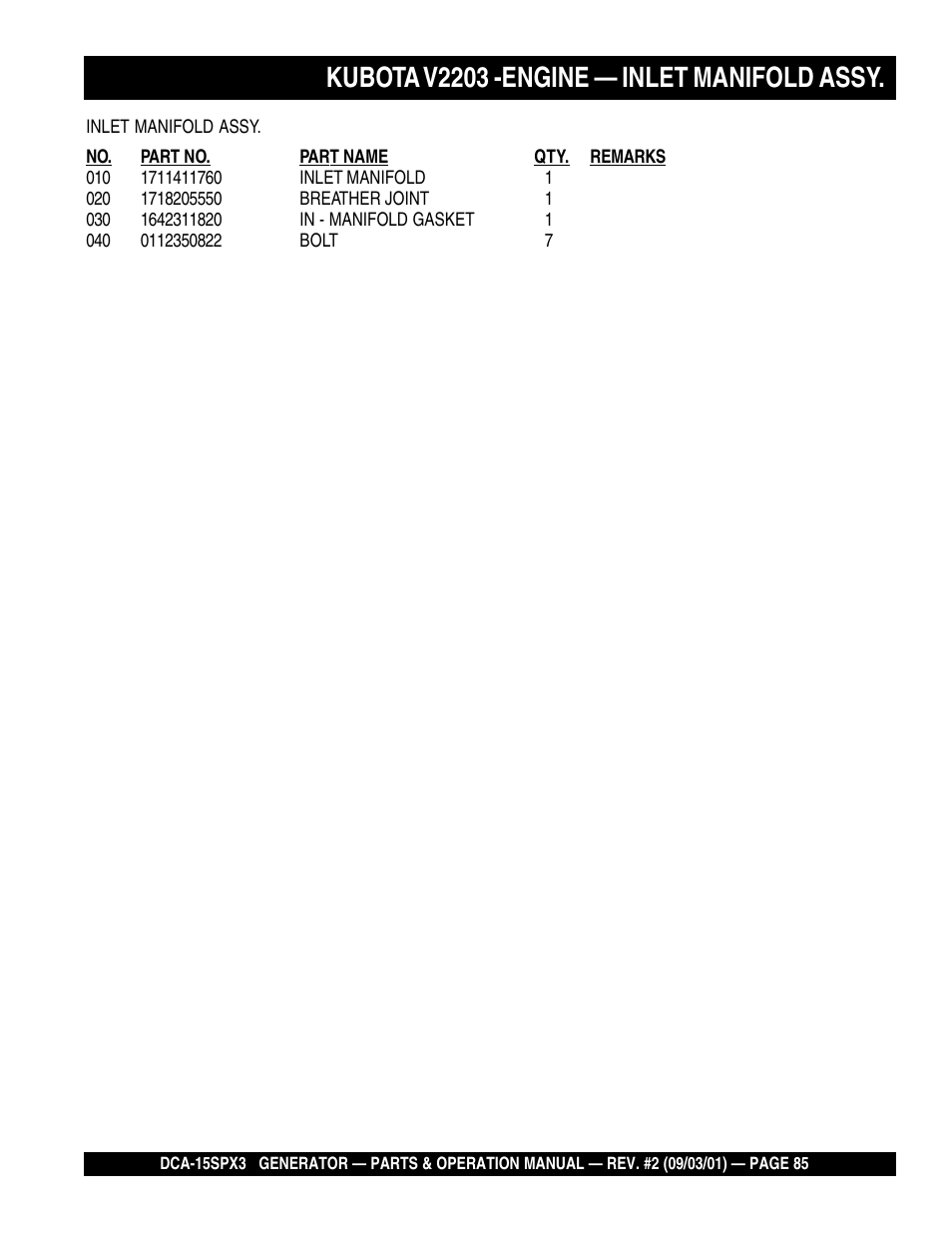 Kubota v2203 -engine — inlet manifold assy | Multiquip WHISPERWATTTM GENERATOR DCA-15SPX3 User Manual | Page 85 / 132
