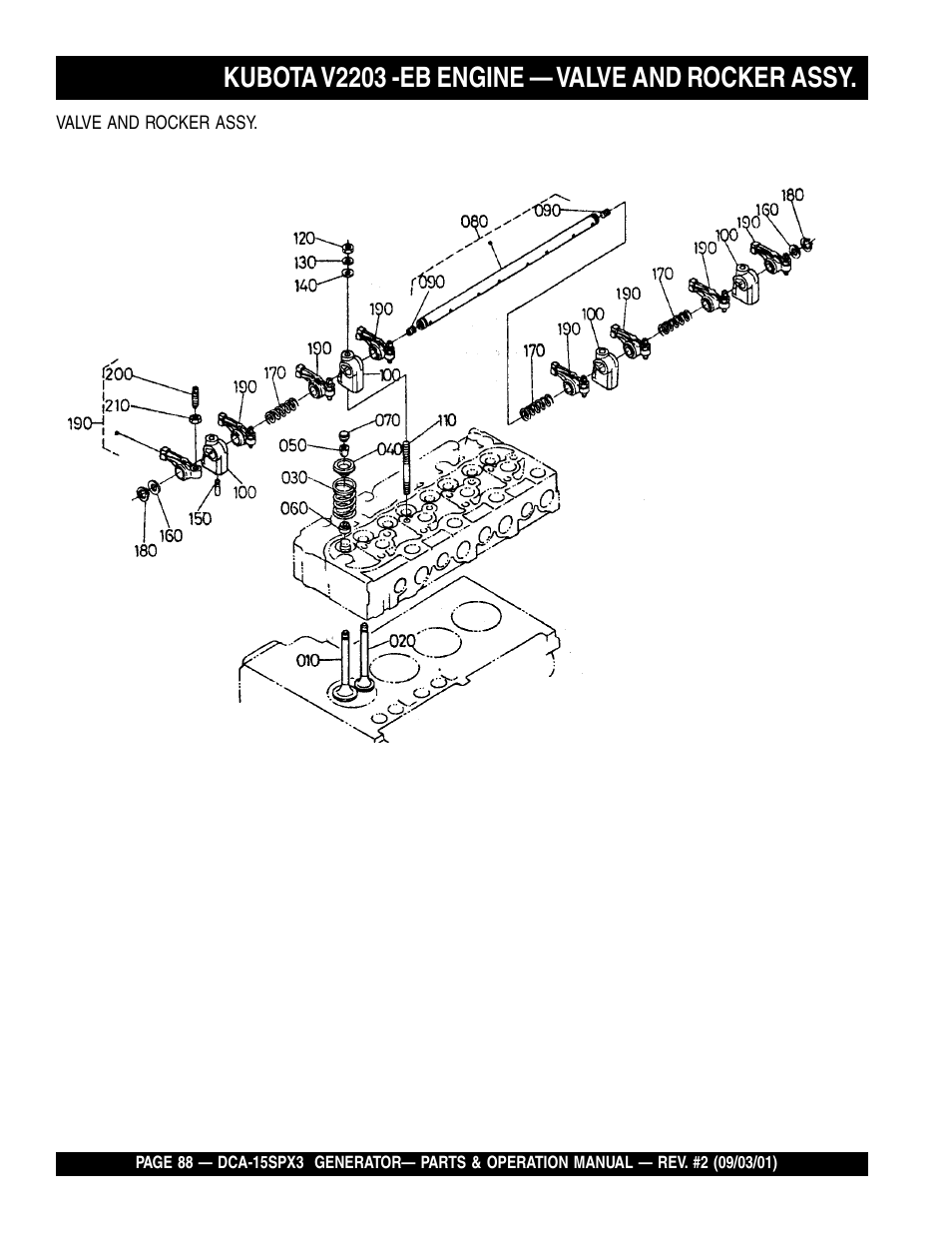 Kubota v2203 -eb engine — valve and rocker assy | Multiquip WHISPERWATTTM GENERATOR DCA-15SPX3 User Manual | Page 88 / 132