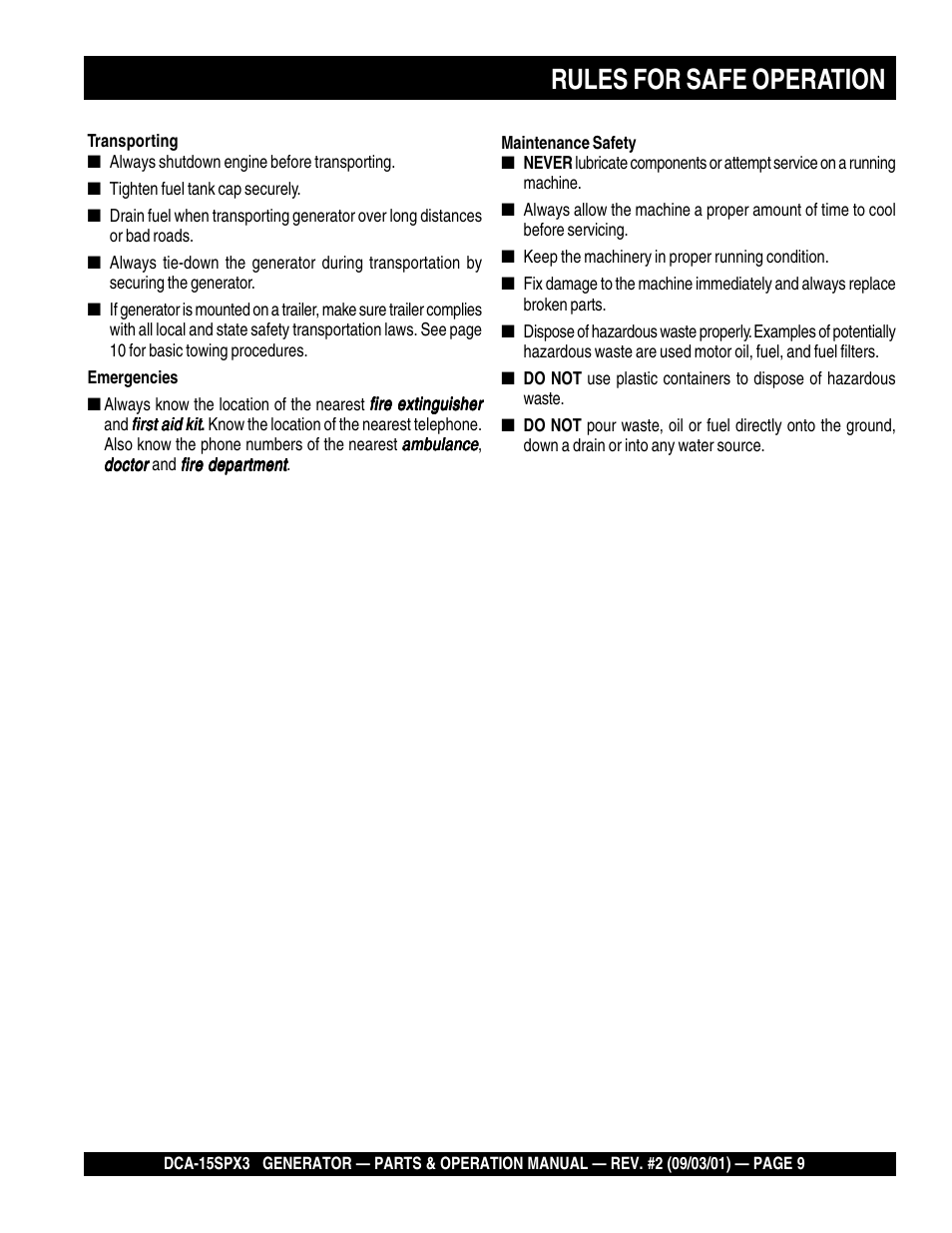 Rules for safe operation | Multiquip WHISPERWATTTM GENERATOR DCA-15SPX3 User Manual | Page 9 / 132