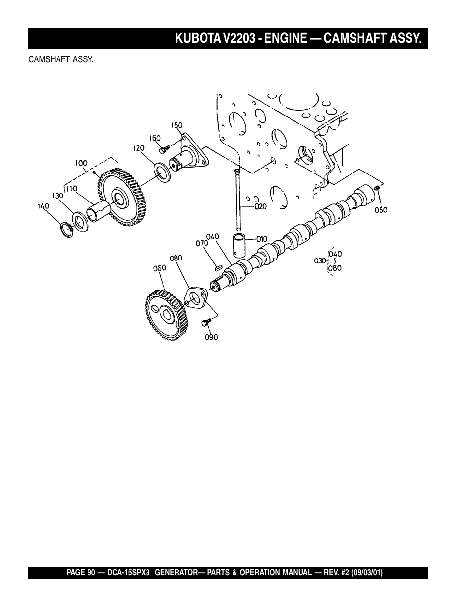 Kubota v2203 - engine — camshaft assy | Multiquip WHISPERWATTTM GENERATOR DCA-15SPX3 User Manual | Page 90 / 132
