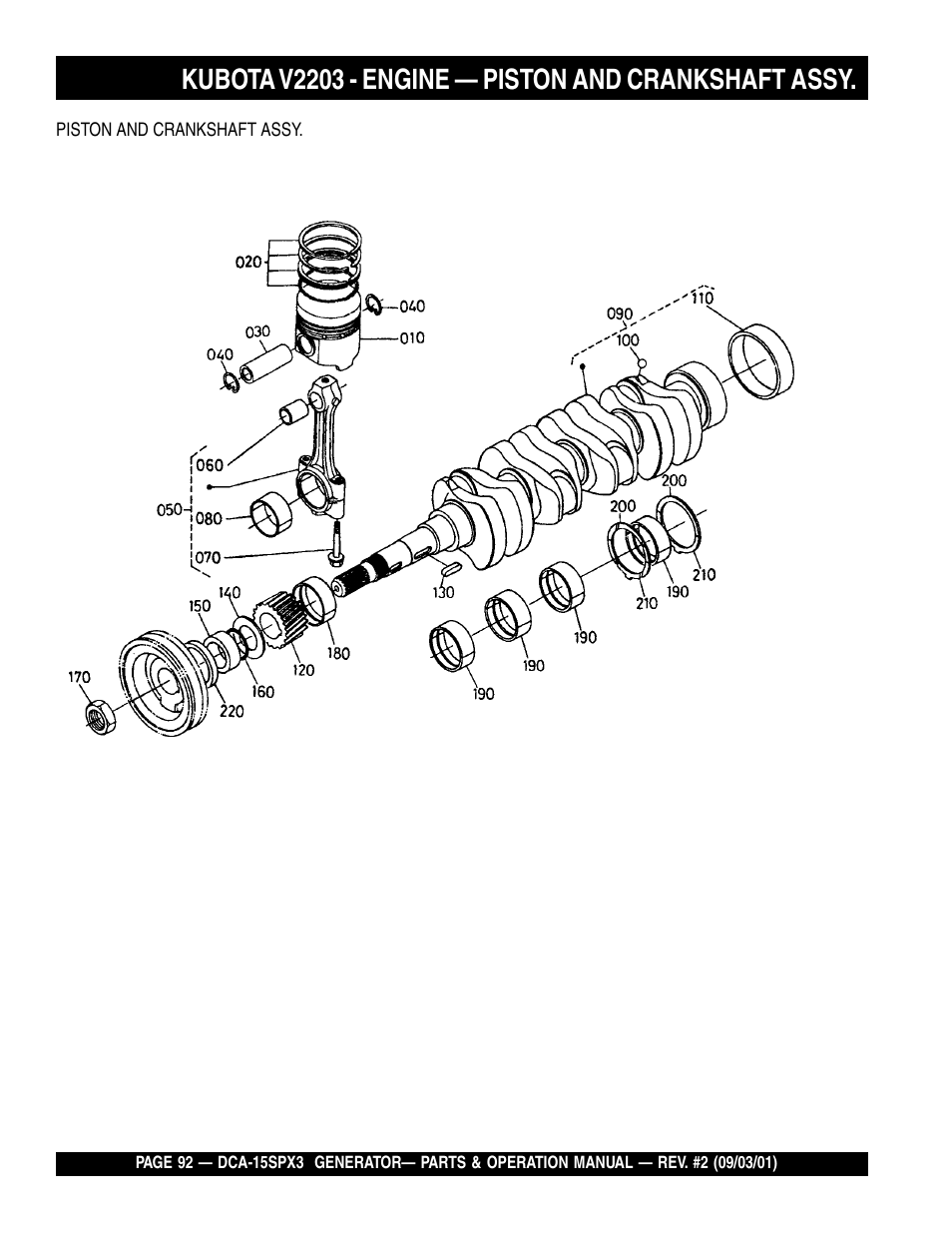 Kubota v2203 - engine — piston and crankshaft assy | Multiquip WHISPERWATTTM GENERATOR DCA-15SPX3 User Manual | Page 92 / 132