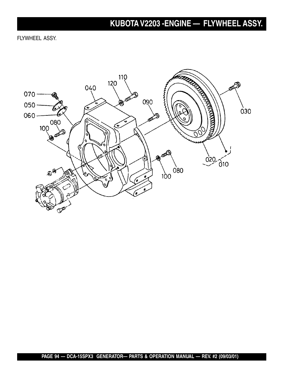 Kubota v2203 -engine — flywheel assy | Multiquip WHISPERWATTTM GENERATOR DCA-15SPX3 User Manual | Page 94 / 132