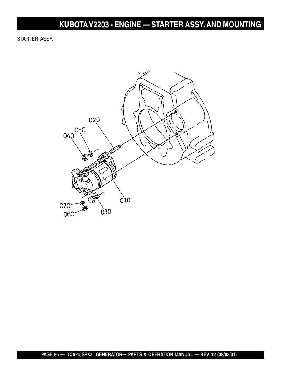 Kubota v2203 - engine — starter assy. and mounting | Multiquip WHISPERWATTTM GENERATOR DCA-15SPX3 User Manual | Page 96 / 132