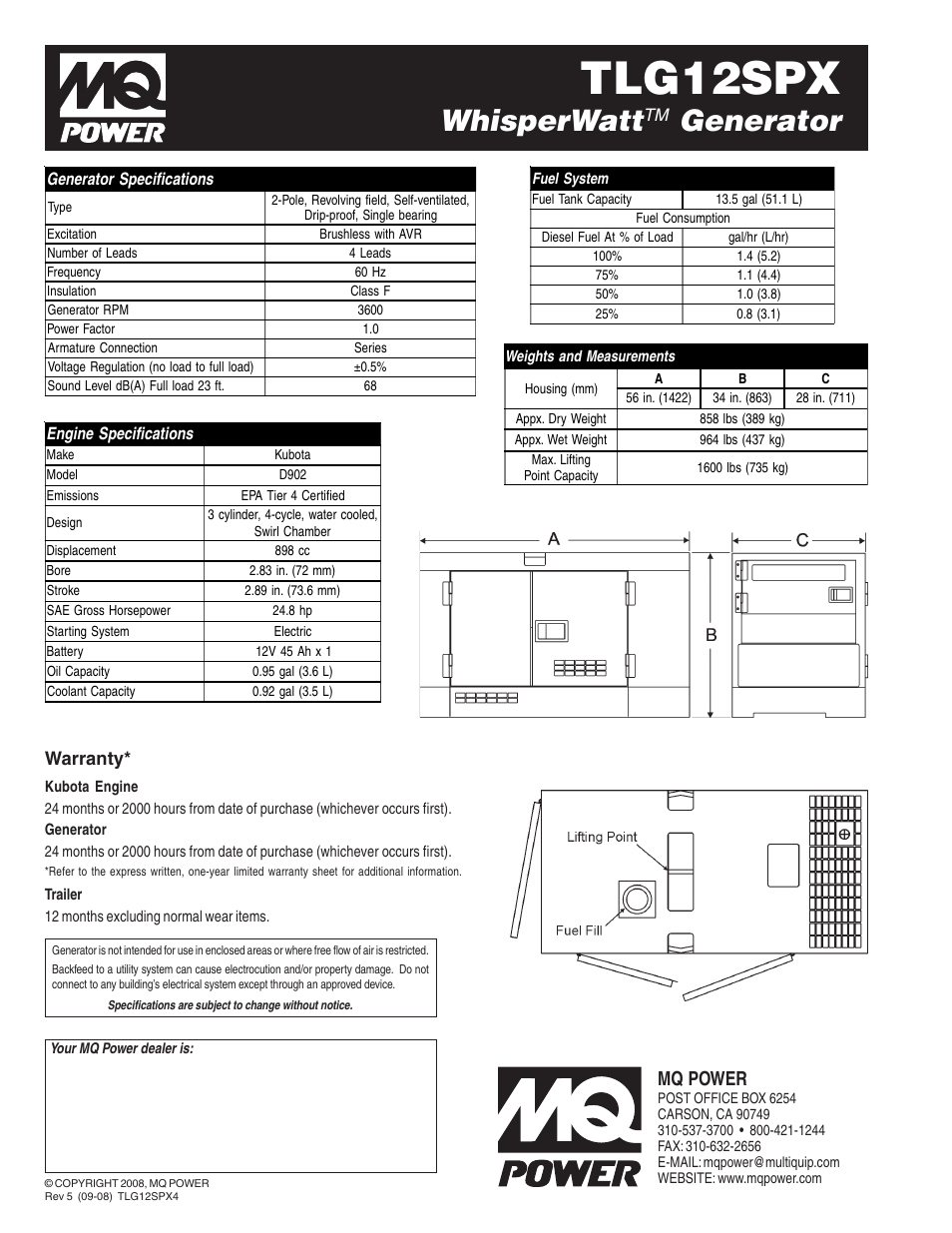 Tlg12spx, Whisperwatt, Generator | Mq power | Multiquip MQ WhisperWatt Generator TLG12SPX User Manual | Page 2 / 2