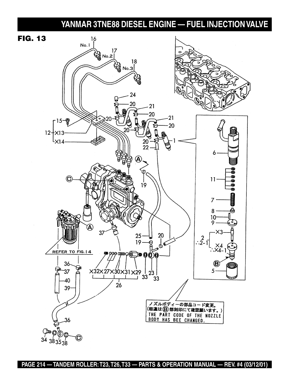 Yanmar 3tne88 diesel engine — fuel injection valve | Multiquip Rammax Tandem Vibratory Roller T23 User Manual | Page 214 / 232