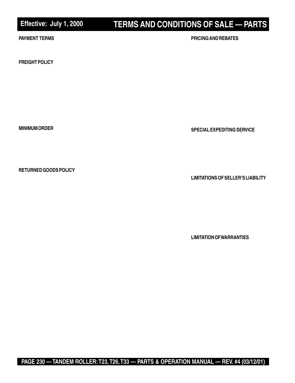 Terms and conditions of sale — parts | Multiquip Rammax Tandem Vibratory Roller T23 User Manual | Page 230 / 232