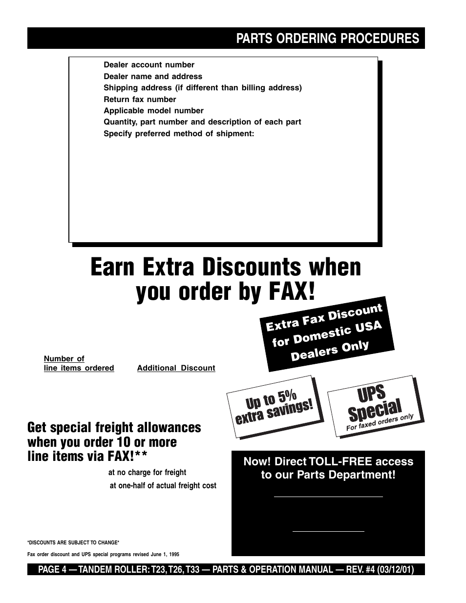 Earn extra discounts when you order by fax, Extra fax discount for domestic usa dealers only | Multiquip Rammax Tandem Vibratory Roller T23 User Manual | Page 4 / 232
