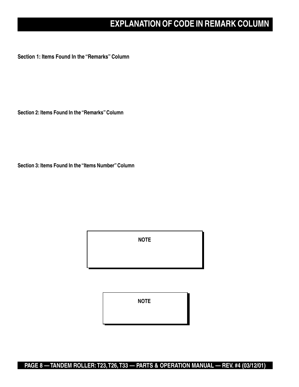 Explanation of code in remark column | Multiquip Rammax Tandem Vibratory Roller T23 User Manual | Page 8 / 232