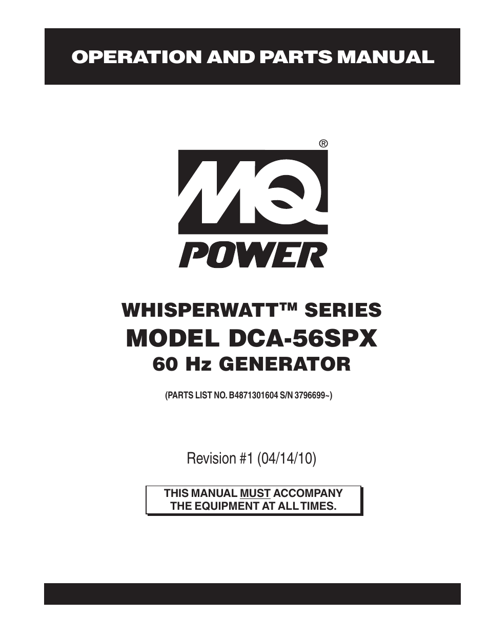 Multiquip WHISPERWATTTM SERIES 60 Hz GENERATOR DCA-56SPX User Manual | 86 pages