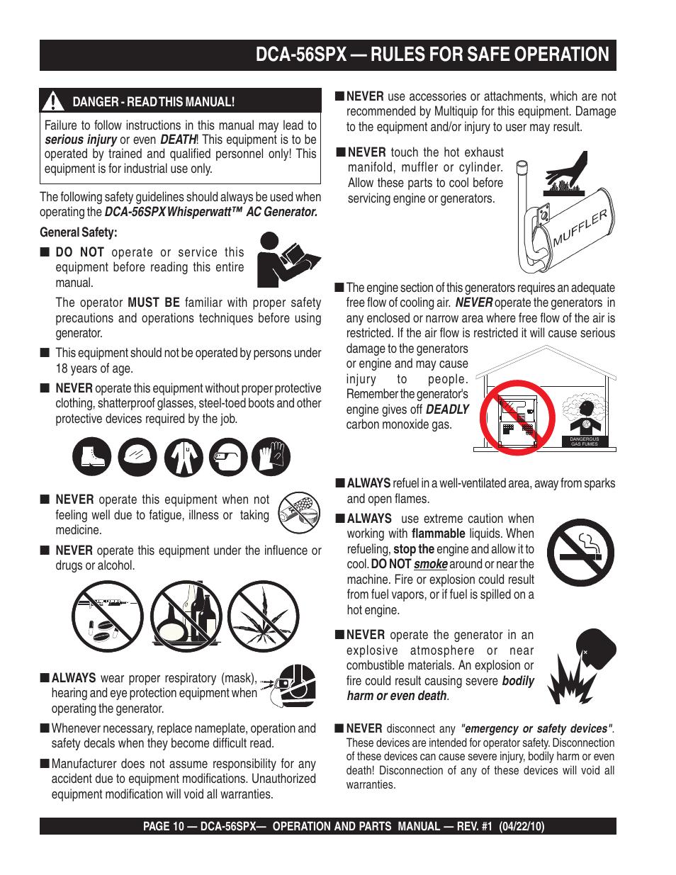 Dca-56spx — rules for safe operation | Multiquip WHISPERWATTTM SERIES 60 Hz GENERATOR DCA-56SPX User Manual | Page 10 / 86